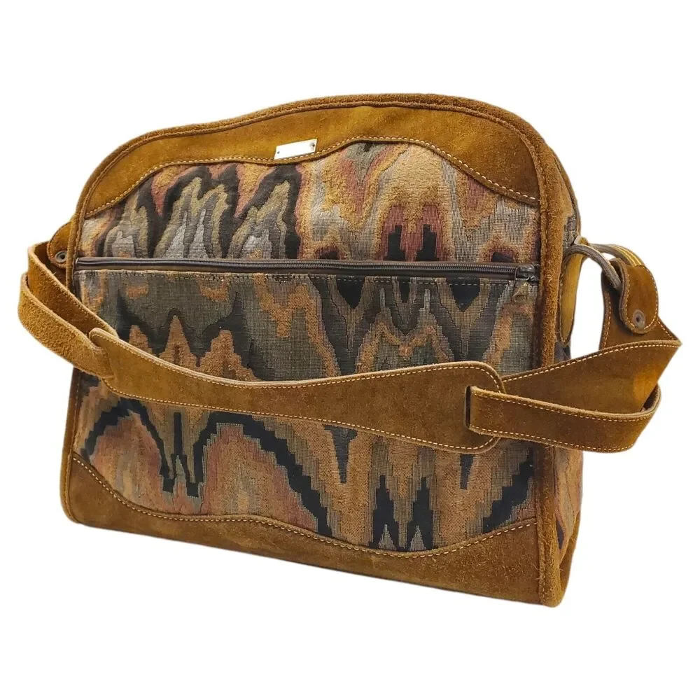 Vintage NEIMAN MARCUS Travel Bag Brown Suede Tapestry Geometric Oversize Padlock